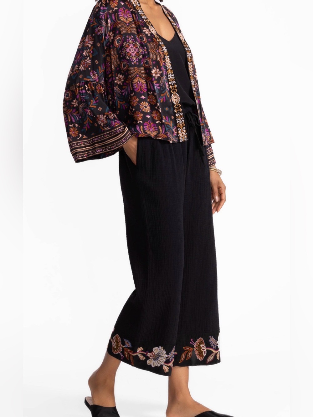 NWT Johnny Was Women's Black Wide-Leg Embroidered Pant Sz S